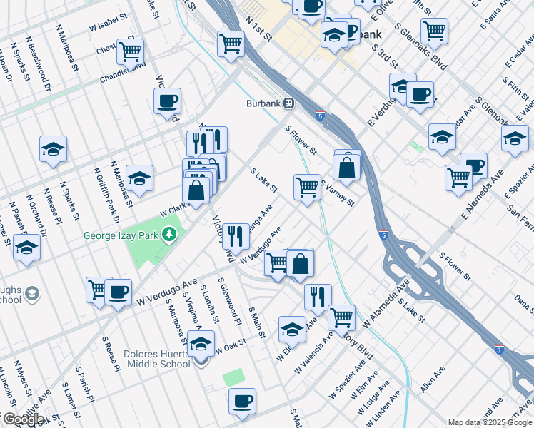 map of restaurants, bars, coffee shops, grocery stores, and more near 226 West Tujunga Avenue in Burbank