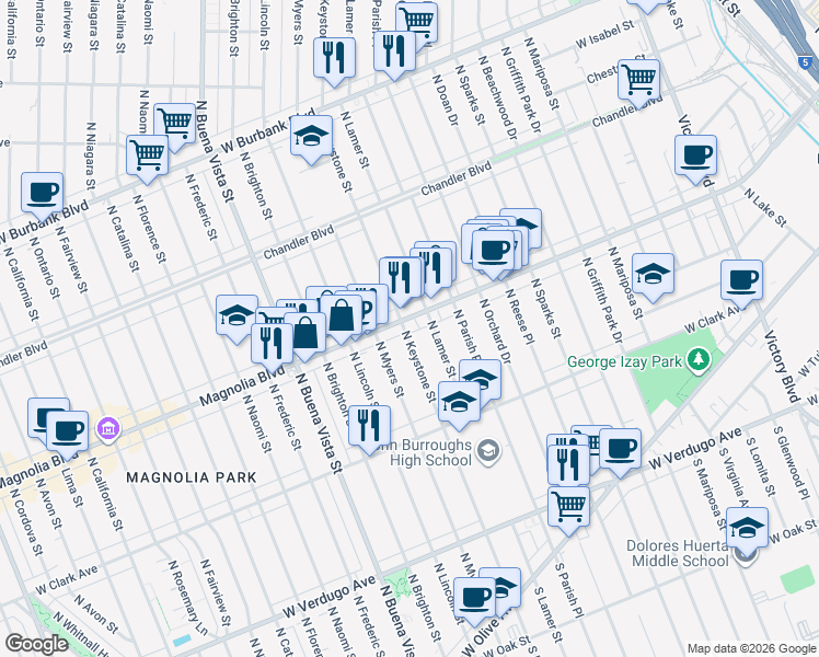 map of restaurants, bars, coffee shops, grocery stores, and more near 641 North Keystone Street in Burbank