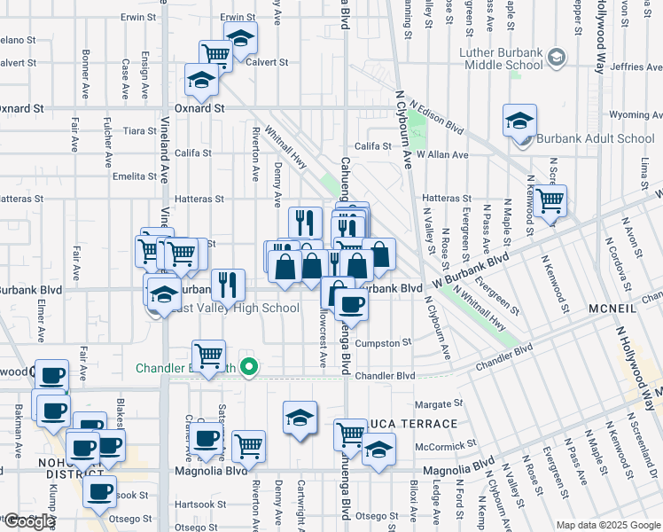 map of restaurants, bars, coffee shops, grocery stores, and more near 5629 Cahuenga Boulevard in Los Angeles