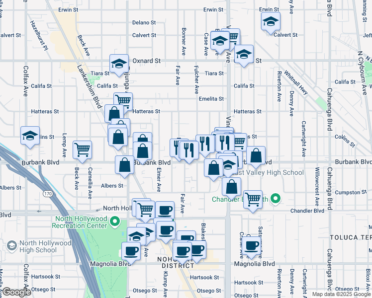 map of restaurants, bars, coffee shops, grocery stores, and more near 5624 Fair Avenue in Los Angeles
