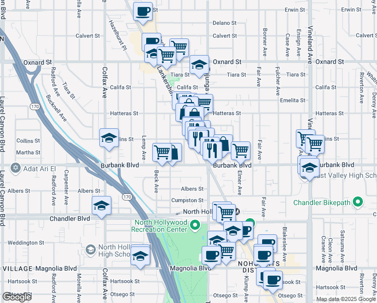 map of restaurants, bars, coffee shops, grocery stores, and more near 5633 Lankershim Boulevard in Los Angeles