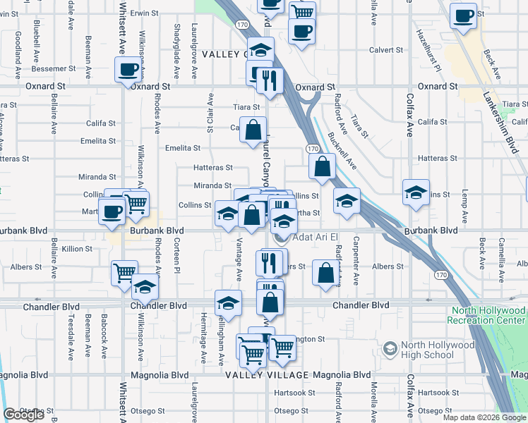 map of restaurants, bars, coffee shops, grocery stores, and more near 5626 Laurel Canyon Boulevard in Los Angeles