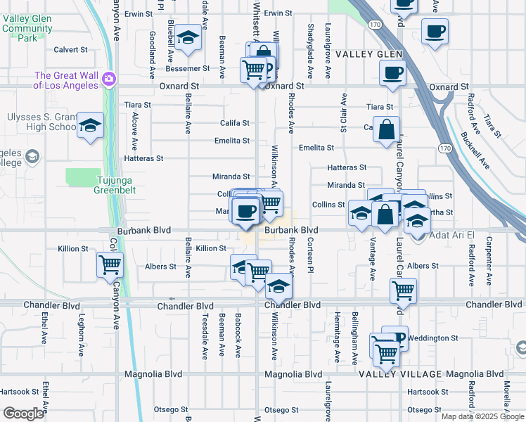 map of restaurants, bars, coffee shops, grocery stores, and more near 12500 Martha Street in Los Angeles