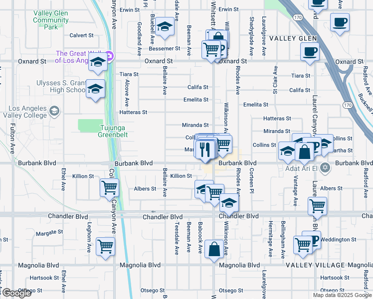 map of restaurants, bars, coffee shops, grocery stores, and more near 12548 Martha Street in Los Angeles