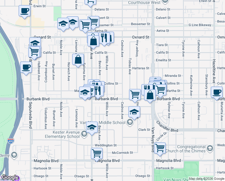 map of restaurants, bars, coffee shops, grocery stores, and more near 5630 Willis Avenue in Los Angeles