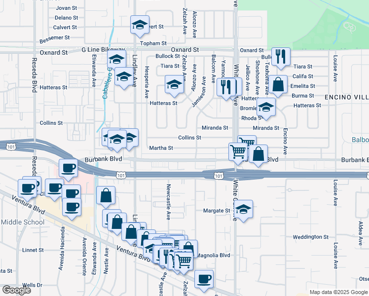 map of restaurants, bars, coffee shops, grocery stores, and more near 17912 Martha Street in Los Angeles