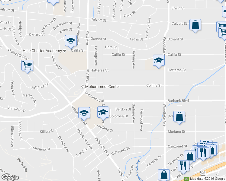 map of restaurants, bars, coffee shops, grocery stores, and more near 23528 Collins Street in Los Angeles