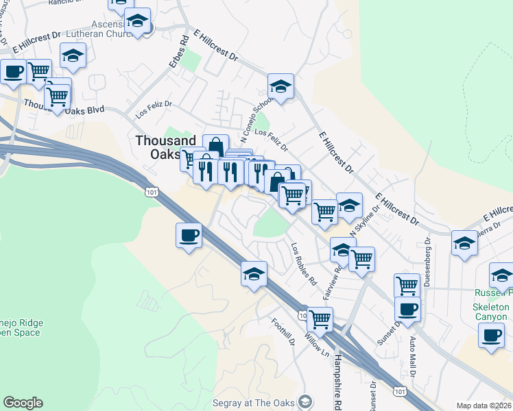 map of restaurants, bars, coffee shops, grocery stores, and more near 2456B Pleasant Way in Thousand Oaks