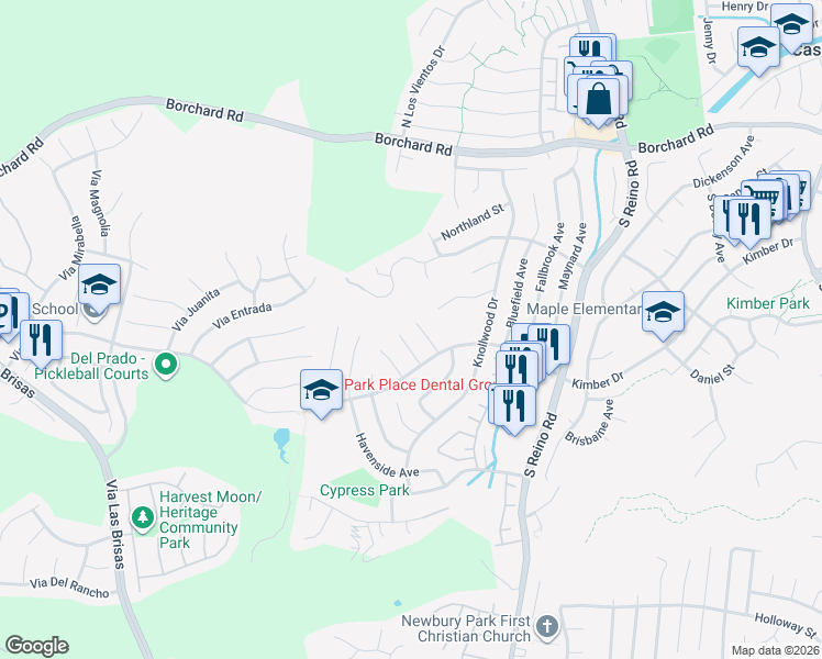 map of restaurants, bars, coffee shops, grocery stores, and more near 349 Longwood Court in Thousand Oaks