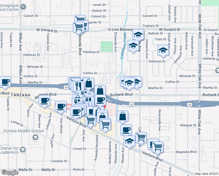 map of restaurants, bars, coffee shops, grocery stores, and more near 18307 Burbank Boulevard in Los Angeles