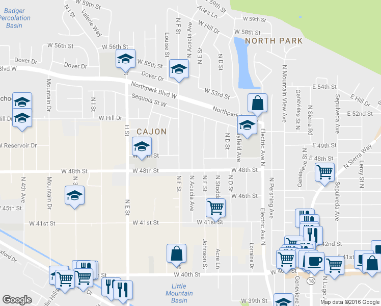 map of restaurants, bars, coffee shops, grocery stores, and more near 4914 Acacia Avenue North in San Bernardino