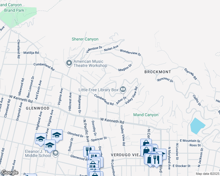 map of restaurants, bars, coffee shops, grocery stores, and more near 401 Brockmont Drive in Glendale