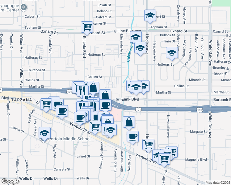 map of restaurants, bars, coffee shops, grocery stores, and more near 18307 Burbank Boulevard in Los Angeles