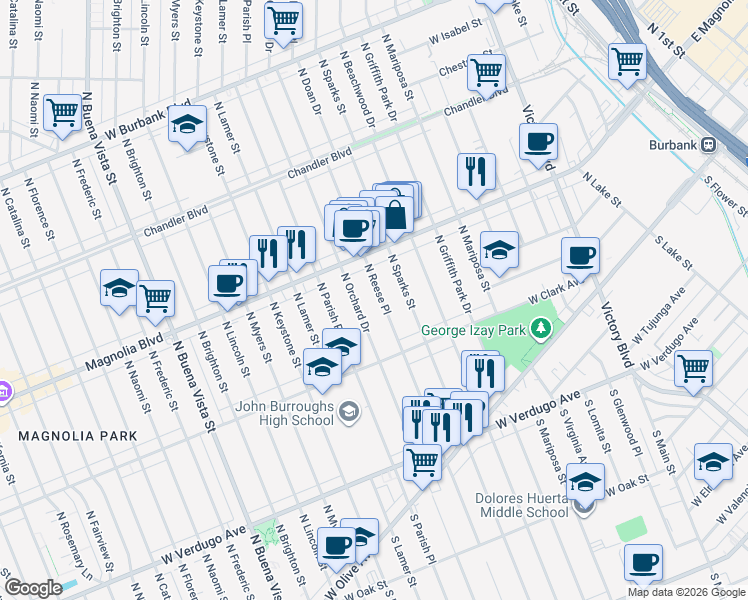 map of restaurants, bars, coffee shops, grocery stores, and more near in Burbank