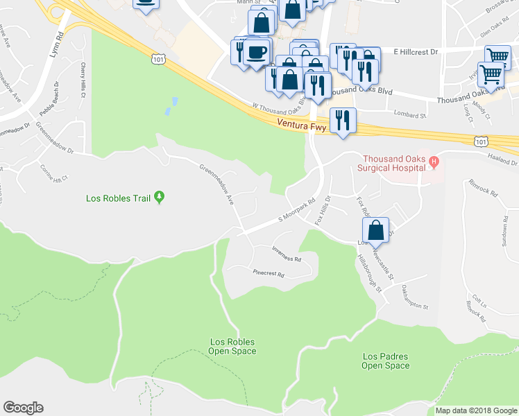 map of restaurants, bars, coffee shops, grocery stores, and more near 282 Green Moor Place in Thousand Oaks