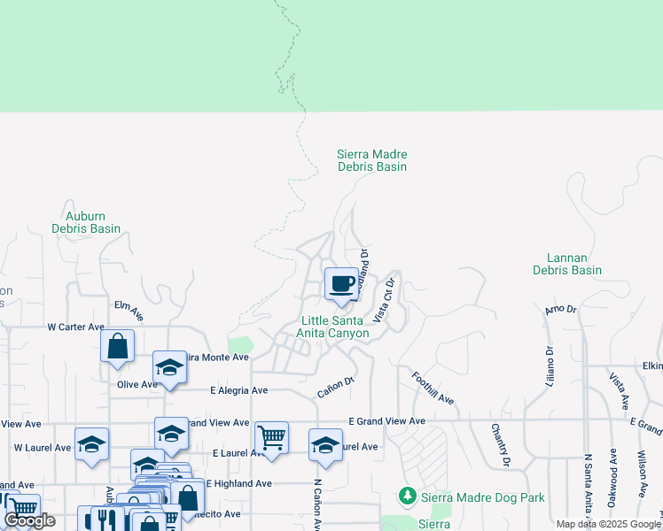 map of restaurants, bars, coffee shops, grocery stores, and more near 749 Canyon Crest Drive in Sierra Madre
