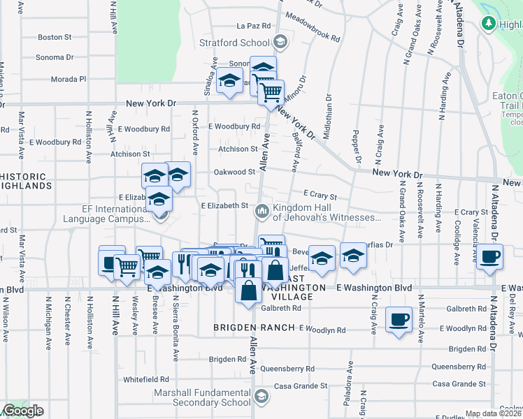 map of restaurants, bars, coffee shops, grocery stores, and more near 1570 Allen Avenue in Pasadena