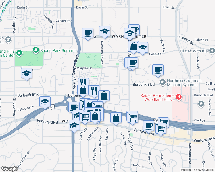 map of restaurants, bars, coffee shops, grocery stores, and more near 21620 Burbank Boulevard in Los Angeles