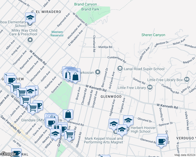 map of restaurants, bars, coffee shops, grocery stores, and more near 1534 Idlewood Road in Glendale