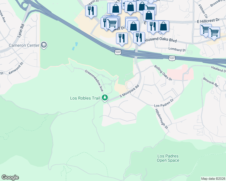 map of restaurants, bars, coffee shops, grocery stores, and more near 282 Green Moor Place in Thousand Oaks