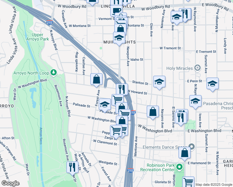map of restaurants, bars, coffee shops, grocery stores, and more near 1540 Lincoln Avenue in Pasadena