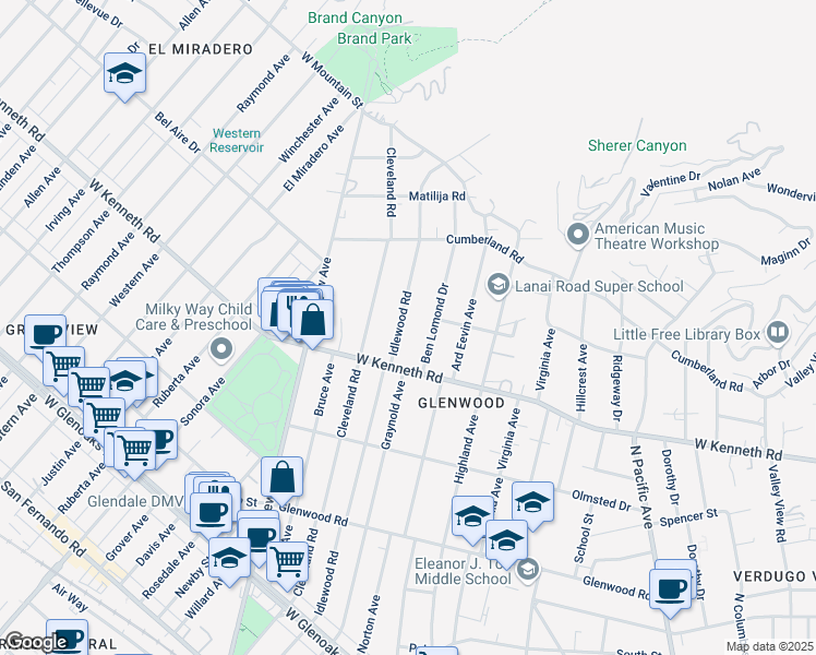 map of restaurants, bars, coffee shops, grocery stores, and more near 1534 Idlewood Road in Glendale