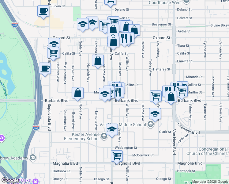 map of restaurants, bars, coffee shops, grocery stores, and more near 5631 Bevis Avenue in Los Angeles