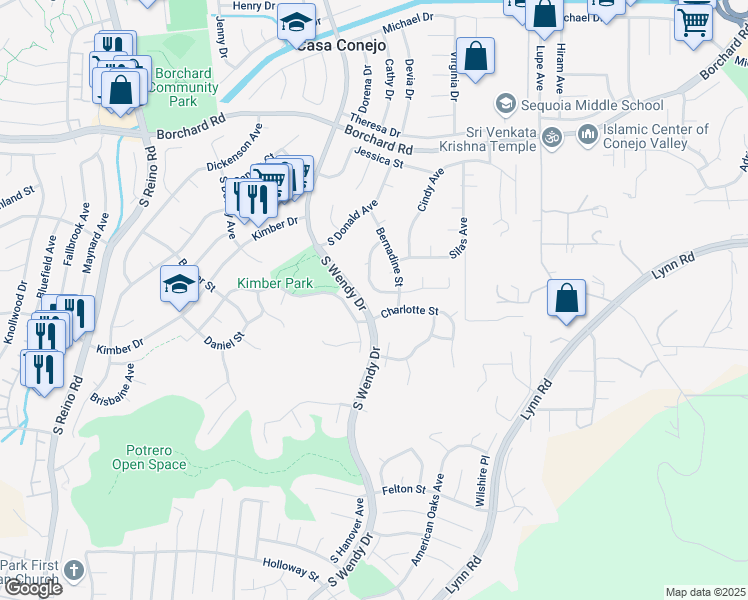 map of restaurants, bars, coffee shops, grocery stores, and more near 3050 Wauneta Street in Thousand Oaks