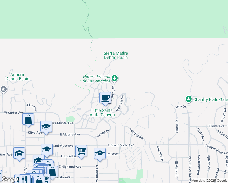 map of restaurants, bars, coffee shops, grocery stores, and more near 686 Woodland Drive in Sierra Madre