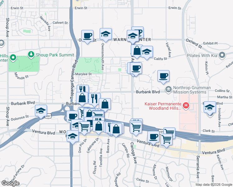 map of restaurants, bars, coffee shops, grocery stores, and more near 21500 Burbank Boulevard in Los Angeles