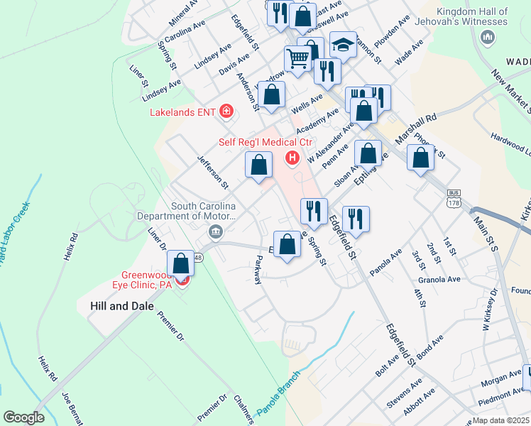 map of restaurants, bars, coffee shops, grocery stores, and more near 1405 Parkway in Greenwood