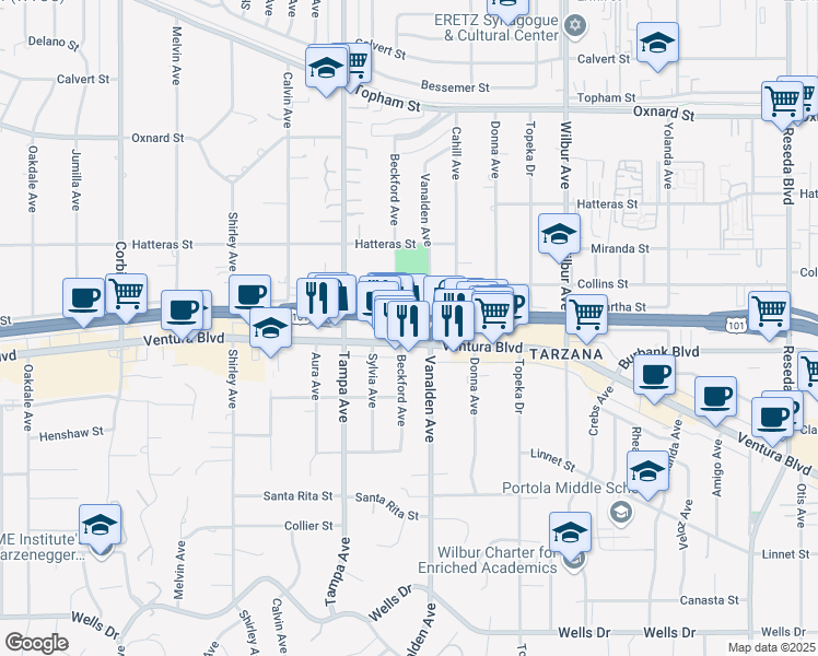 map of restaurants, bars, coffee shops, grocery stores, and more near 19151 Ventura Boulevard in Los Angeles