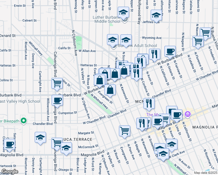 map of restaurants, bars, coffee shops, grocery stores, and more near 1333 North Maple Street in Burbank