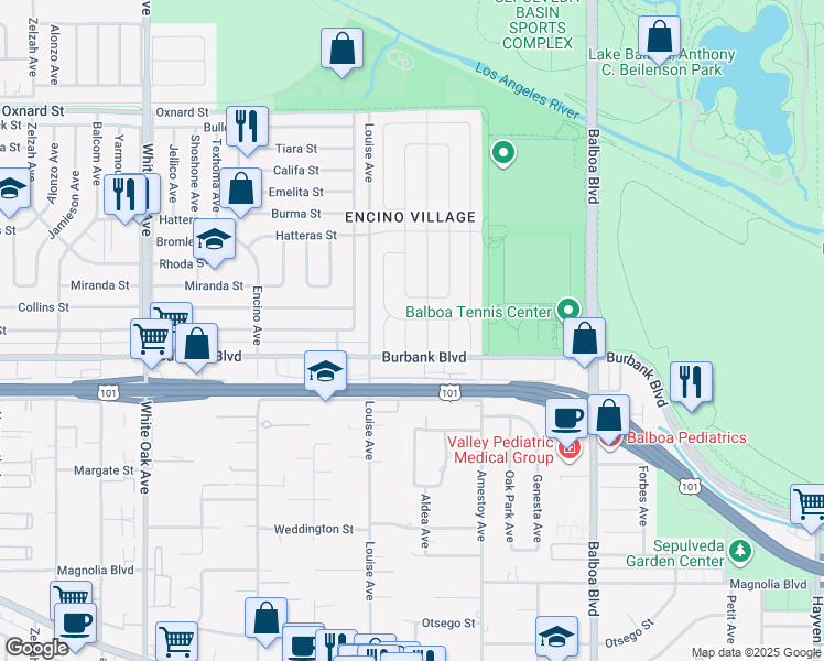 map of restaurants, bars, coffee shops, grocery stores, and more near 5620 Aldea Avenue in Los Angeles