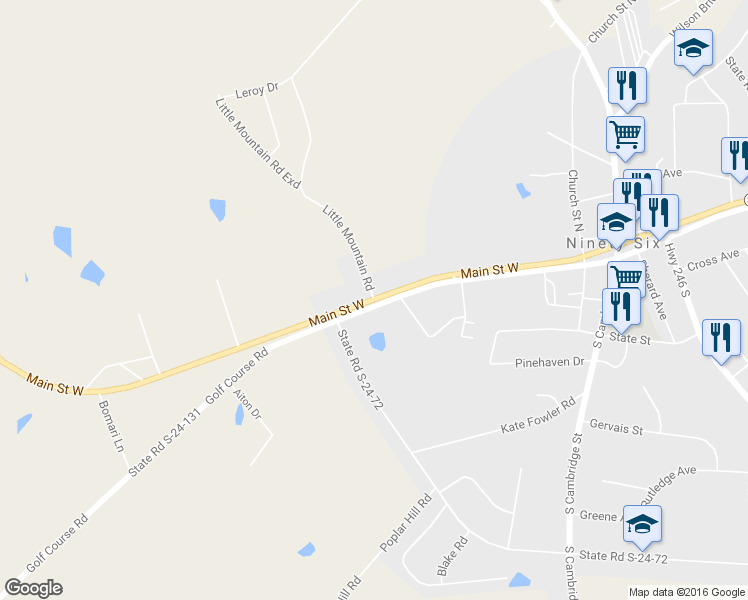 map of restaurants, bars, coffee shops, grocery stores, and more near Main St W & Little Mountain Rd in Ninety Six
