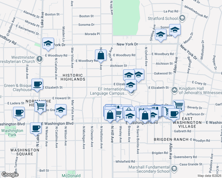map of restaurants, bars, coffee shops, grocery stores, and more near 1573 North Hill Avenue in Pasadena