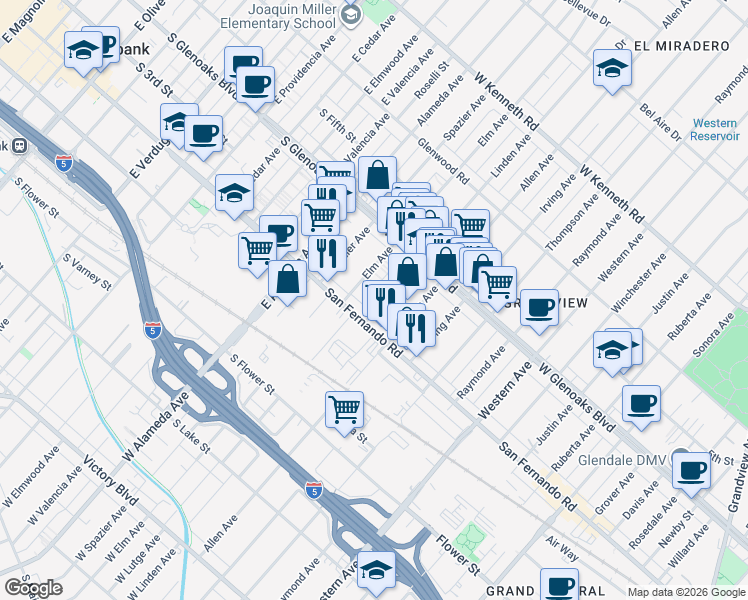 map of restaurants, bars, coffee shops, grocery stores, and more near 1021 Linden Avenue in Glendale