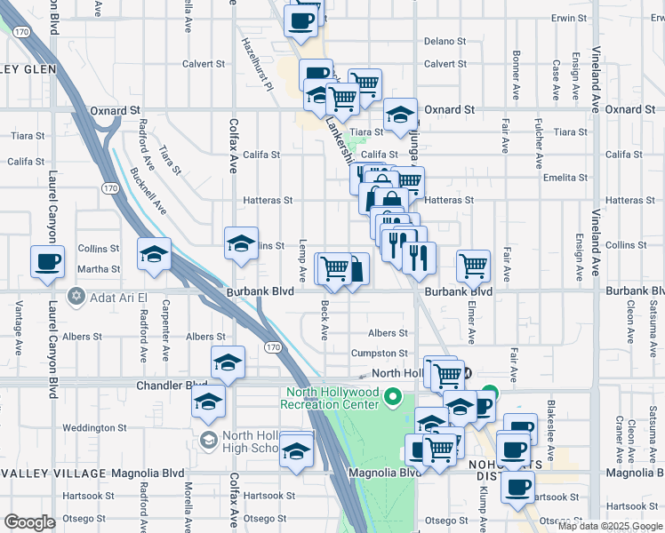 map of restaurants, bars, coffee shops, grocery stores, and more near 5628 Beck Avenue in Los Angeles