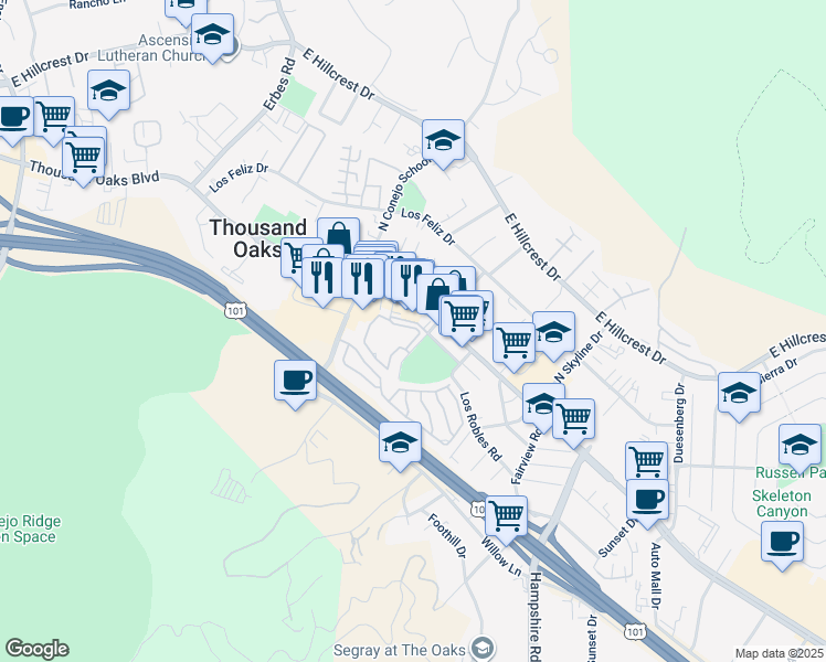 map of restaurants, bars, coffee shops, grocery stores, and more near 2474 Pleasant Way in Thousand Oaks