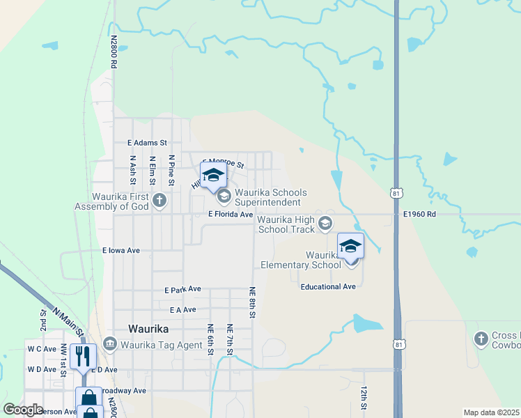 map of restaurants, bars, coffee shops, grocery stores, and more near 800 East Florida Avenue in Waurika