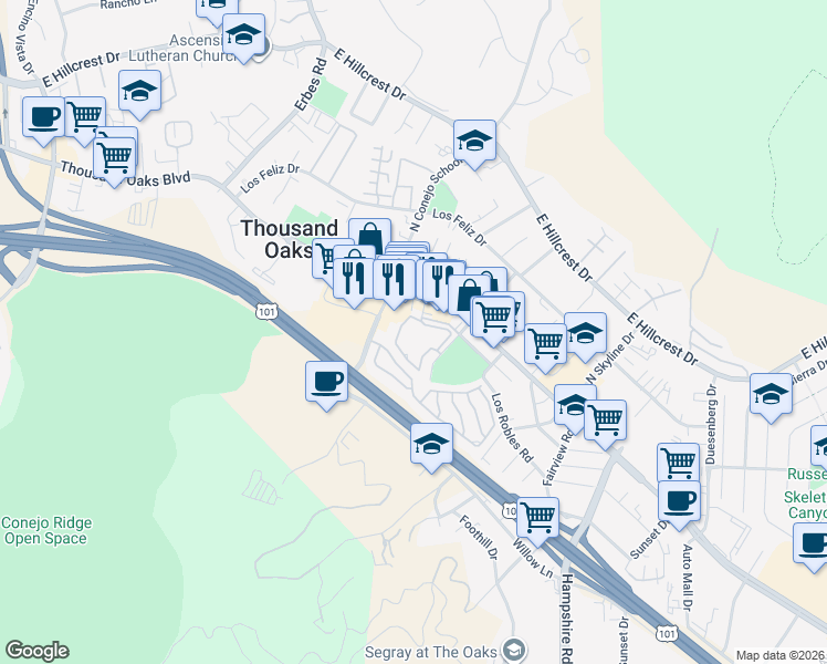 map of restaurants, bars, coffee shops, grocery stores, and more near 2394 Pleasant Way in Thousand Oaks