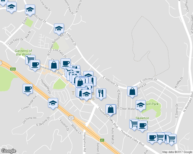map of restaurants, bars, coffee shops, grocery stores, and more near 281 North Skyline Drive in Thousand Oaks