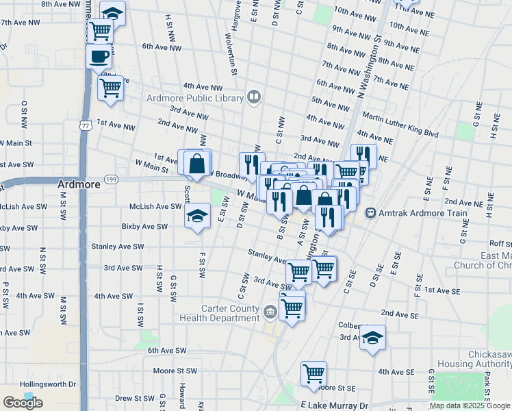 map of restaurants, bars, coffee shops, grocery stores, and more near 310 W Main St in Ardmore
