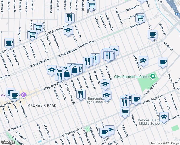 map of restaurants, bars, coffee shops, grocery stores, and more near 641 North Keystone Street in Burbank