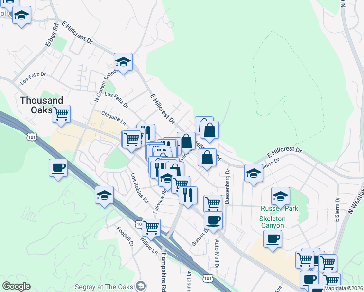map of restaurants, bars, coffee shops, grocery stores, and more near 261 North Skyline Drive in Thousand Oaks