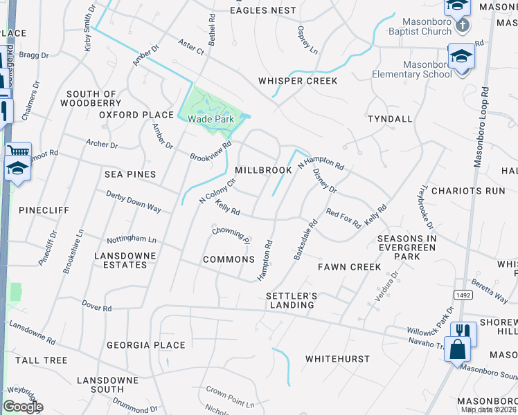 map of restaurants, bars, coffee shops, grocery stores, and more near 106 South Colony Circle in Wilmington