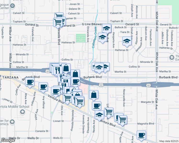 map of restaurants, bars, coffee shops, grocery stores, and more near 5616 Etiwanda Avenue in Los Angeles