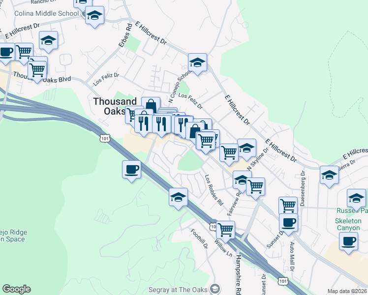 map of restaurants, bars, coffee shops, grocery stores, and more near 2474 Pleasant Way in Thousand Oaks
