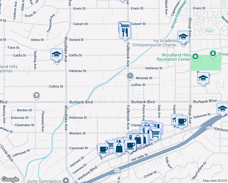 map of restaurants, bars, coffee shops, grocery stores, and more near 22858 Collins Street in Los Angeles