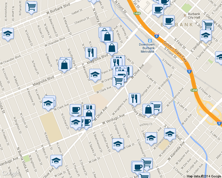 map of restaurants, bars, coffee shops, grocery stores, and more near 1020 West Clark Avenue in Burbank